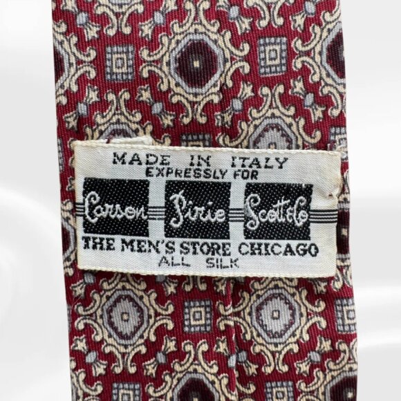 Carson Pirie Scott Vintage Italian Silk Tie – Red & Gray Geometric - Picture 2 of 3